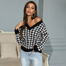 Load image into Gallery viewer, Women's Houndstooth V-Neck Knitted Sweater 2020 Autumn Winter Ladies Casual Homewear Tops Vintage New Fashion Streetwear Sweater