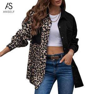 Women's Jacket Chic Splicing Jackets Leopard Print Turn-down Collar Single-breasted Pocket Casual Tops Femme Autumn Streetwear