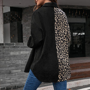 Women's Jacket Chic Splicing Jackets Leopard Print Turn-down Collar Single-breasted Pocket Casual Tops Femme Autumn Streetwear