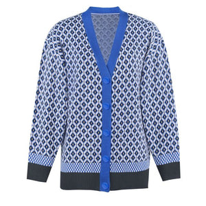 Women&#39;s Knitting Sweater Cardigan Color Loose Casual Knitted Sweaters Matching Diamond Lattice Single-Breastedcardigans Women