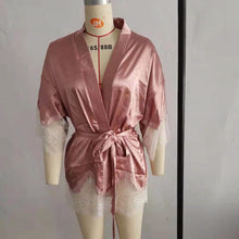 Load image into Gallery viewer, Women&#39;s Lace Belted Bathrobe Satin Kimono Bridesmaids Robe Wedding Party Dressing Gown Sexy Nightdress