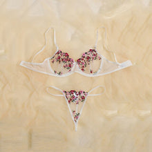 Load image into Gallery viewer, Women&#39;s Lace Embroidered Underwear Sexy Mesh Erotic Lingerie Transparent Bralette+Open Crotch Thong Thin Mesh See-through Bra