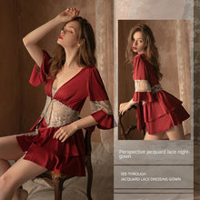 Load image into Gallery viewer, Women&#39;s Lace Home Clothes Bathrobes Silk Robe Set Woman 2 Pieces Sexy Skirt Split Nightdress Peignoir Exotic Apparel Nightie