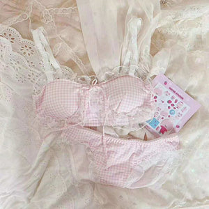 Women's Lingerie Japanese Cute Cotton Plaid Bralette Set Lace Underwear Women Lolita Girl Teens Wire Free Thin Bra and Panty Set