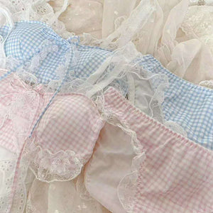 Women's Lingerie Japanese Cute Cotton Plaid Bralette Set Lace Underwear Women Lolita Girl Teens Wire Free Thin Bra and Panty Set