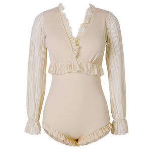 Women&#39;s Long Sleeve One Piece Swimwear Summer Beach Bathing Suit Solid Monokini V-Back Swimsuit Padded Beachwear Korea Style