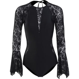 Women&#39;s Long Sleeve One Piece Swimwear Summer Beach Bathing Suit Solid Monokini V-Back Swimsuit Padded Beachwear Korea Style
