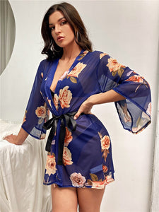 Women&#39;s Long Sleeves Sleepwear Wedding Bride Bridesmaid Robe Open Front Bathrobe Floral Print Bed Gown