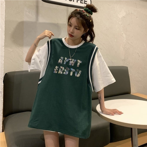 Women's Loose Fake Two Pieces Short-Sleeved T-shirt Harajuku Plus Size Summer Top Aesthetic Korean Clothes Casual Fashion Tshirt