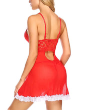 Load image into Gallery viewer, Women&#39;s Mesh Santa Lingerie Set Red Christmas Babydoll Strap Chemise + Thong Set