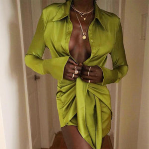 Women&#39;s Mini Dresses Fashion Bandage Satin Sexy Party Dress Long Sleeve Summer Turn Down Collar Femme Evening Robe Woman Clothes