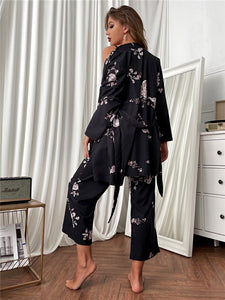Women&#39;s Pajama Set Sleepwear Suit 3 Pieces Loungewear Floral Printing Pyjamas for Ladies Autumn home clothes Homewear
