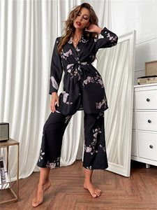 Women&#39;s Pajama Set Sleepwear Suit 3 Pieces Loungewear Floral Printing Pyjamas for Ladies Autumn home clothes Homewear