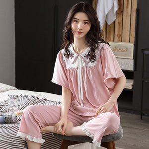 Women's Pajama Set Summer Soft linen Cotton Nightwear Female Large Size XXL Short Sleeve sleepwear Set and Homewear Pajamas