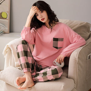 Women's Pajamas Set Fashion Plaid Cartoon Sleepwear Women Pure Cotton Long Sleeve Pijama Casual Homewear Pyjamas M L XL XXL XXXL