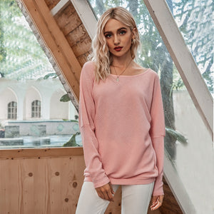 Women's Pullover Sexy Off Shoulder Bat Sleeve Threaded T-Shirt Top Solid Color Pullover Women's Leisure Long Sleeve Sweater