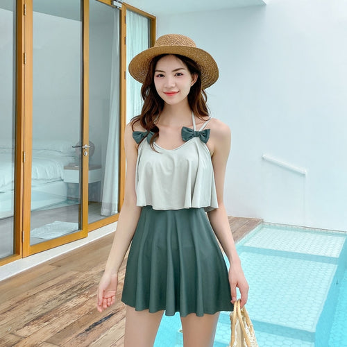 Women's Push Up One Piece Swimwear Padded Swimsuit Swimdress Green Patchwork Girls Flounce Skirt Bathing Suit Summer 2020 Female