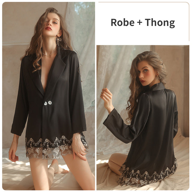 Women`s Robes Sexy Nightgown Thong Set Satin Lace Embroidered Sleepwear Femme Deep V Bathrobe Black Cardigan Suit Nightdress