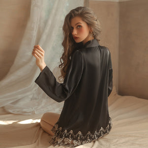 Women`s Robes Sexy Nightgown Thong Set Satin Lace Embroidered Sleepwear Femme Deep V Bathrobe Black Cardigan Suit Nightdress