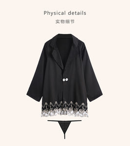 Women`s Robes Sexy Nightgown Thong Set Satin Lace Embroidered Sleepwear Femme Deep V Bathrobe Black Cardigan Suit Nightdress