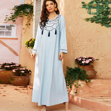 Load image into Gallery viewer, Women's Round Neck Long Sleeve Fashion Light Blue Solid Color Embroidery Stitching Fringed Muslim Robe Large Size Long Skirt