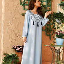 Load image into Gallery viewer, Women's Round Neck Long Sleeve Fashion Light Blue Solid Color Embroidery Stitching Fringed Muslim Robe Large Size Long Skirt