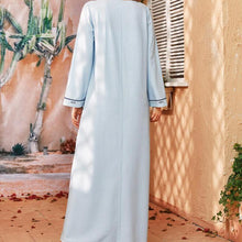 Load image into Gallery viewer, Women's Round Neck Long Sleeve Fashion Light Blue Solid Color Embroidery Stitching Fringed Muslim Robe Large Size Long Skirt