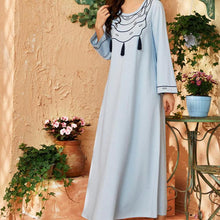 Load image into Gallery viewer, Women's Round Neck Long Sleeve Fashion Light Blue Solid Color Embroidery Stitching Fringed Muslim Robe Large Size Long Skirt