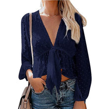 Load image into Gallery viewer, Women&#39;s Sexy Deep V-neck Chiffon Blouses Long Sleeve Dot Female Top Sweet Girls Fashion All-match Streetwear Lace Up Lady Blouse