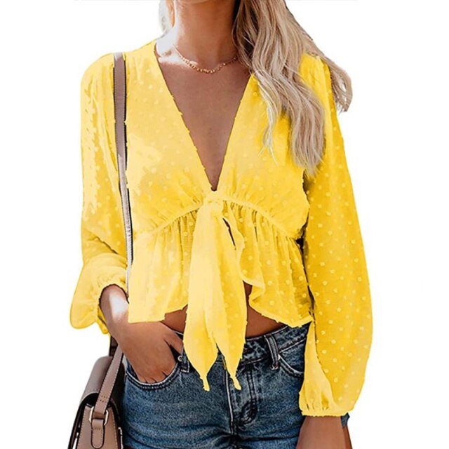 Women's Sexy Deep V-neck Chiffon Blouses Long Sleeve Dot Female Top Sweet Girls Fashion All-match Streetwear Lace Up Lady Blouse