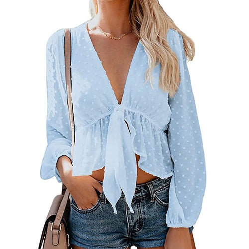Women's Sexy Deep V-neck Chiffon Blouses Long Sleeve Dot Female Top Sweet Girls Fashion All-match Streetwear Lace Up Lady Blouse