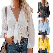 Load image into Gallery viewer, Women&#39;s Sexy Deep V-neck Chiffon Blouses Long Sleeve Dot Female Top Sweet Girls Fashion All-match Streetwear Lace Up Lady Blouse