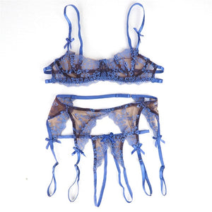 Women's Sexy Lingerie Cute See Through Embroidery Bra Lace Open Crotch G-thongs Garter Belt Set Panties and Bra Set Japanese