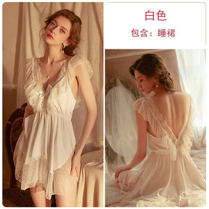 Women Sexy Lingerie Lace Nightdress Deep V Hot Thin Nightgown Home Clothing Suit Sleepwear Femme Skirt Wedding Night Underwear