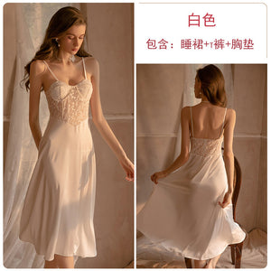 Women Sexy Nightdress Thong Set Satin Lace See-through Seductive Femme Nightgrowm Girls Fairy Halter Lolita Sleepwear Romantic