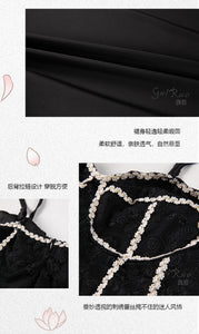 Women Sexy Nightdress Thong Set Satin Lace See-through Seductive Femme Nightgrowm Girls Fairy Halter Lolita Sleepwear Romantic