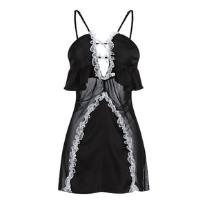 Women Sexy Nightgown Satin Gauze Lace Mini Nightdress Halter Hollow Backless Translucence Sleepwear Girls Cute Home Dress