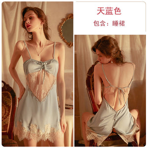 Women Sexy Nightgown Satin Lace See-through Nightdress Femme Lingerie Hot Halter Slit Strap Nighty Home Dress Sleepwear
