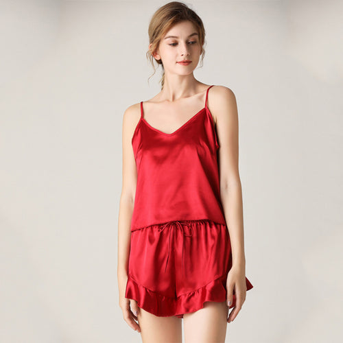 Women Sexy Silk Satin Ruffled Pajamas Sets Cami Shorts Sleepwear Home Suit