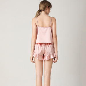 Women Sexy Silk Satin Ruffled Pajamas Sets Cami Shorts Sleepwear Home Suit