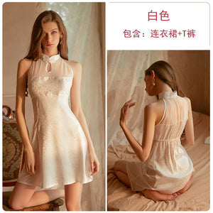 Women&#39;s Sexy Skirt Retro Chinese Cheongsam Collar Satin Mesh Perspective Sleeping Skirt Thong Set Night Dress Female Nightgown