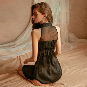 Women&#39;s Sexy Skirt Retro Chinese Cheongsam Collar Satin Mesh Perspective Sleeping Skirt Thong Set Night Dress Female Nightgown