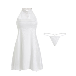 Women&#39;s Sexy Skirt Retro Chinese Cheongsam Collar Satin Mesh Perspective Sleeping Skirt Thong Set Night Dress Female Nightgown