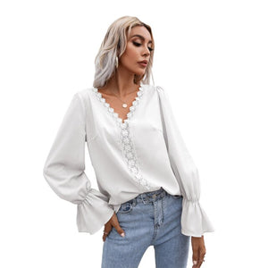 Women's Shirt 2021 Autumn New V-Neck Cut Out Lace Long Sleeve Shirt Lady's White Black OL Shirt Women Apricot Temperament Top