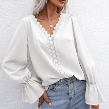 Load image into Gallery viewer, Women&#39;s Shirt 2021 Autumn New V-Neck Cut Out Lace Long Sleeve Shirt Lady&#39;s White Black OL Shirt Women Apricot Temperament Top