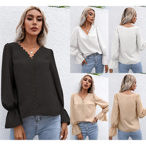 Women's Shirt 2021 Autumn New V-Neck Cut Out Lace Long Sleeve Shirt Lady's White Black OL Shirt Women Apricot Temperament Top