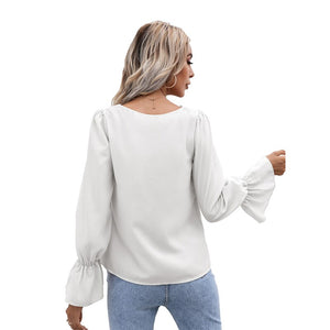 Women's Shirt 2021 Autumn New V-Neck Cut Out Lace Long Sleeve Shirt Lady's White Black OL Shirt Women Apricot Temperament Top
