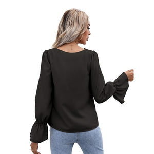 Women's Shirt 2021 Autumn New V-Neck Cut Out Lace Long Sleeve Shirt Lady's White Black OL Shirt Women Apricot Temperament Top