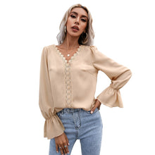Load image into Gallery viewer, Women&#39;s Shirt 2021 Autumn New V-Neck Cut Out Lace Long Sleeve Shirt Lady&#39;s White Black OL Shirt Women Apricot Temperament Top