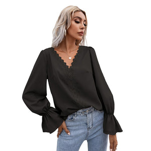 Women's Shirt 2021 Autumn New V-Neck Cut Out Lace Long Sleeve Shirt Lady's White Black OL Shirt Women Apricot Temperament Top